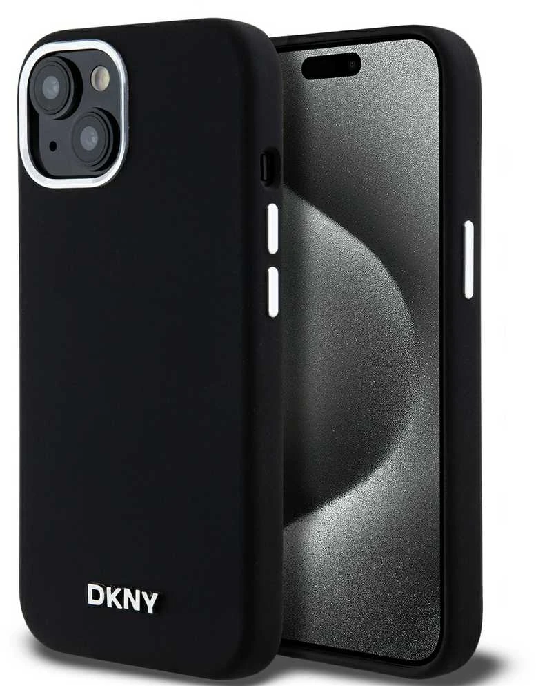 DKNY DKHMP15SSMCHLK Apple iPhone 15 14 13 6.1″ juodos spalvos kietas dėklas Liquid Silicone Small Metal Logo MagSafe