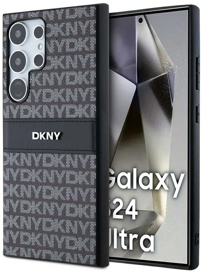 DKNY DKHCS24LPRTHSLK S24 Ultra S928 juodos spalvos kietas dėklas Leather Mono Stripe & Metal Logo
