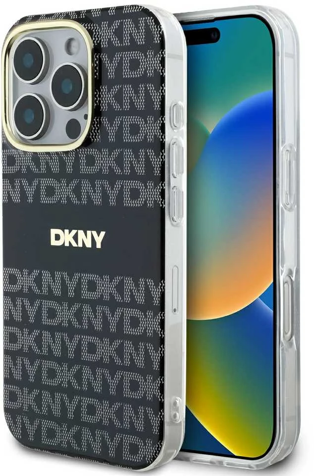 Apple iPhone 16 Pro DKNY Repeat Texture Pattern With Stripe (DKHMP16LHRHSEK) dėklas telefonui juodos spalvos