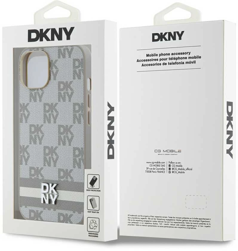 DKNY PU Leather Checkered Pattern and Stripe dėklas telefonui Apple iPhone 15 rusvai gelsvas
