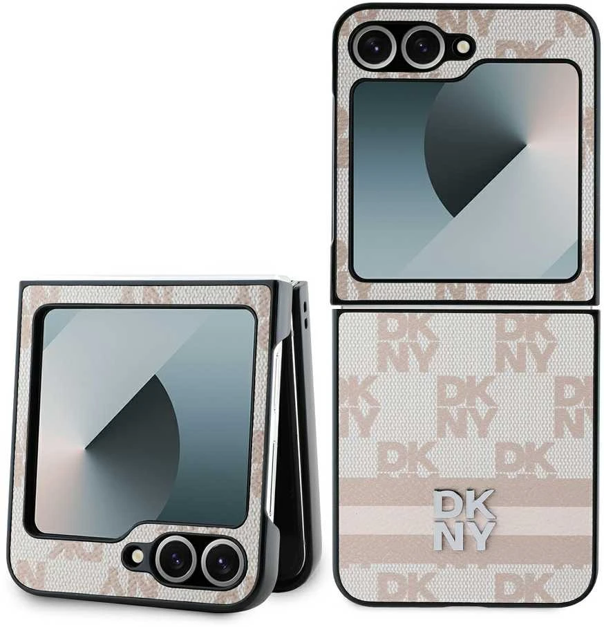 DKNY PU Leather Checkered Pattern and Stripe Samsung Galaxy Z Flip6 dėklas telefonui rožinės spalvos