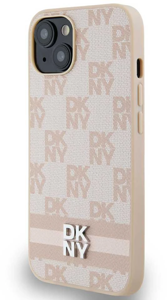 Apple iPhone 13 / 14 / 15 DKNY odinis dėklas Checkered Mono Pattern & Printed Stripes (DKHCP15SPCPTSSP) rožinės spalvos