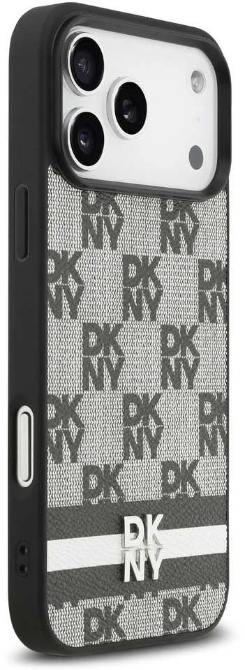 DKNY PU Leather Checkered Pattern and Stripe dėklas skirtas Apple iPhone 17 Pro Max juodos spalvos