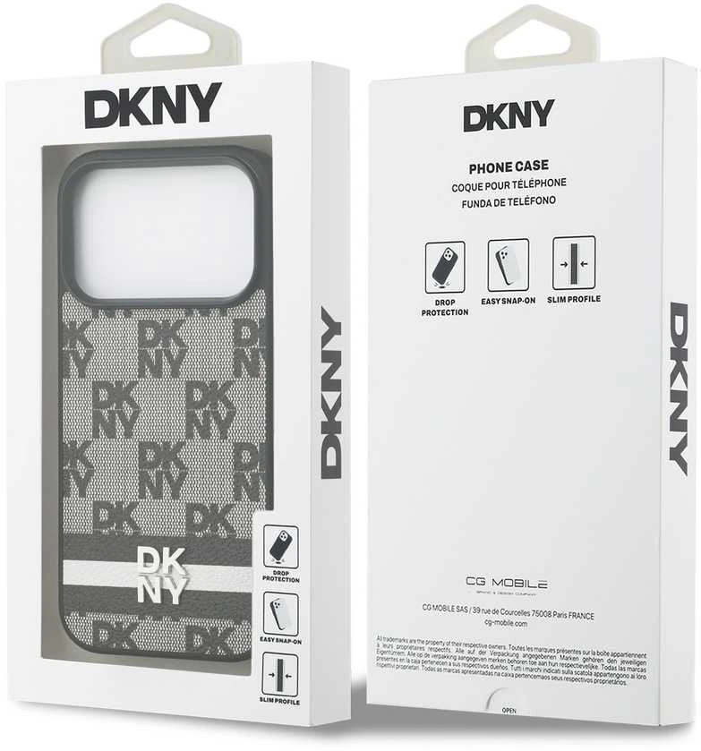 DKNY PU Leather Checkered Pattern and Stripe dėklas skirtas Apple iPhone 17 Pro juodos spalvos