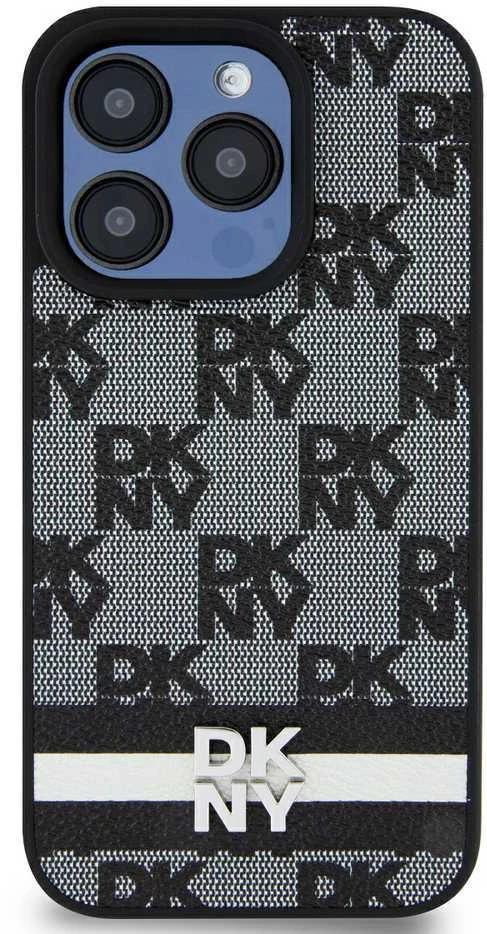 Apple iPhone 15 Pro DKNY odinis dėklas Checkered Mono Pattern & Printed Stripes (DKHCP15LPCPTSSK) juodos spalvos