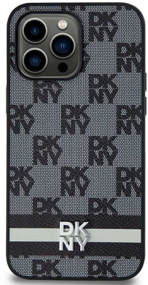 Apple iPhone 15 Pro Max DKNY dėklas odinis Checkered Mono Pattern & Printed Stripes (DKHCP15XPCPTSSK) juodos spalvos