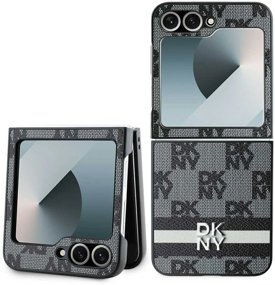 DKNY PU Leather Checkered Pattern and Stripe Samsung Galaxy Z Flip6 dėklas telefonui juodos spalvos