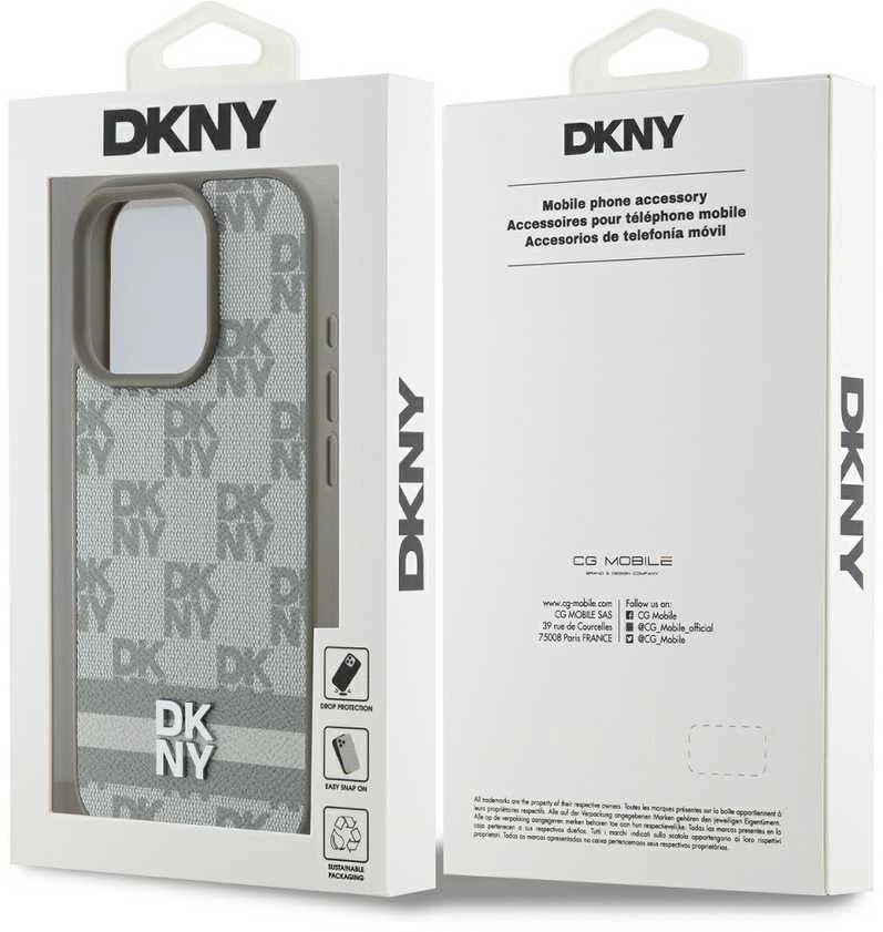 Dėklas DKNY PU odos languotų raštų ir juostelių Apple iPhone 16 Pro rusvai gelsvas