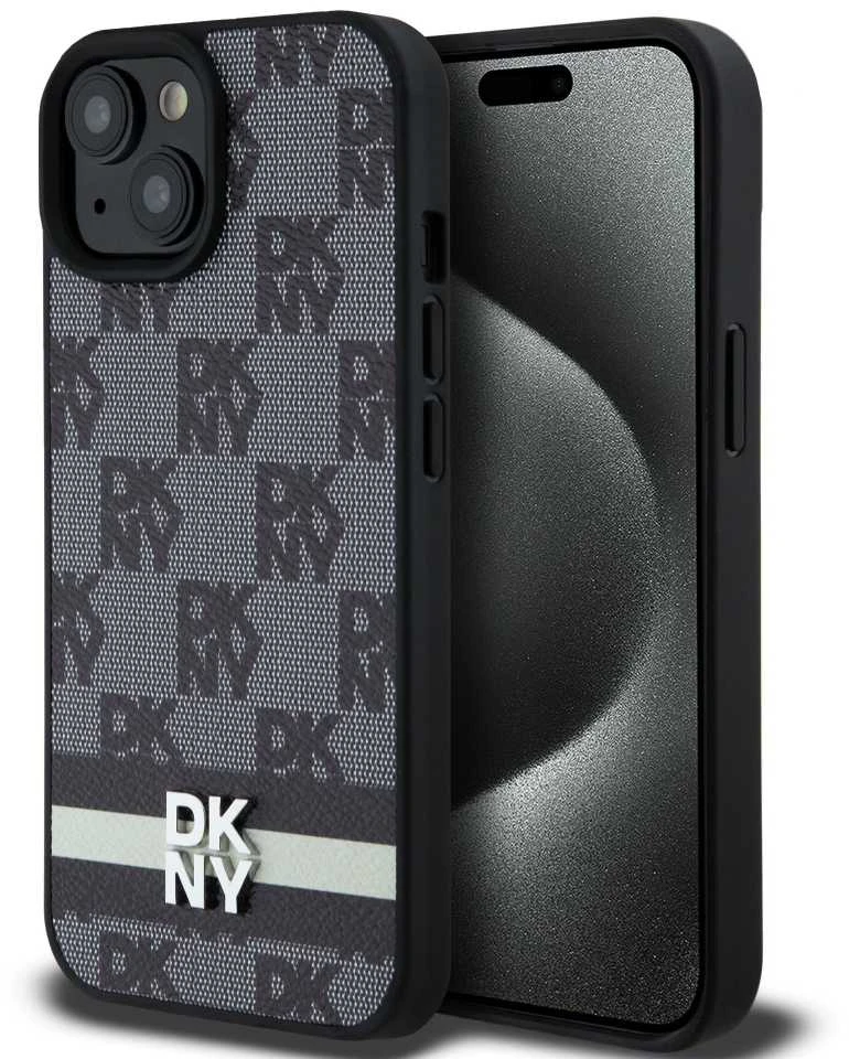 Apple iPhone 13 / 14 / 15 DKNY odinis dėklas Checkered Mono Pattern & Printed Stripes (DKHCP15SPCPTSSK) juodos spalvos