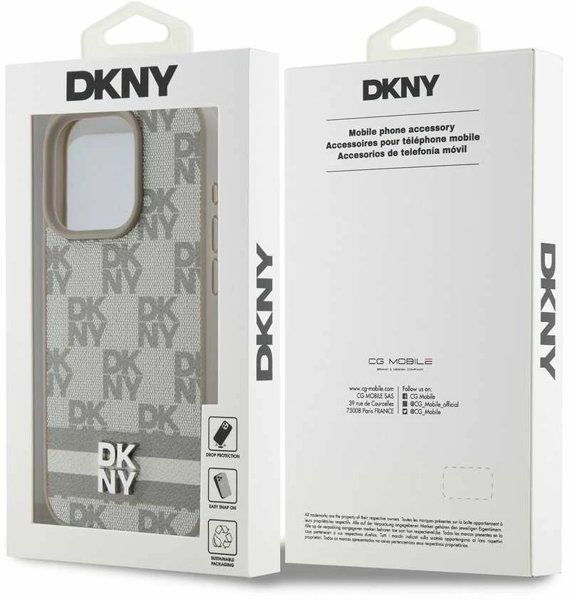 DKNY PU Leather Checkered Pattern and Stripe dėklas telefonui Apple iPhone 14 Pro Max rusvai gelsvas