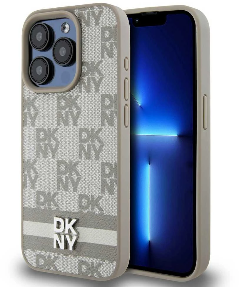 DKNY PU Leather Checkered Pattern and Stripe dėklas telefonui Apple iPhone 14 Pro Max rusvai gelsvas