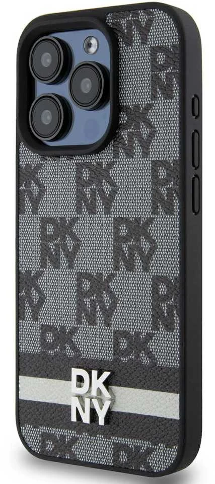 Apple iPhone 15 Pro DKNY odinis dėklas Checkered Mono Pattern & Printed Stripes (DKHCP15LPCPTSSK) juodos spalvos