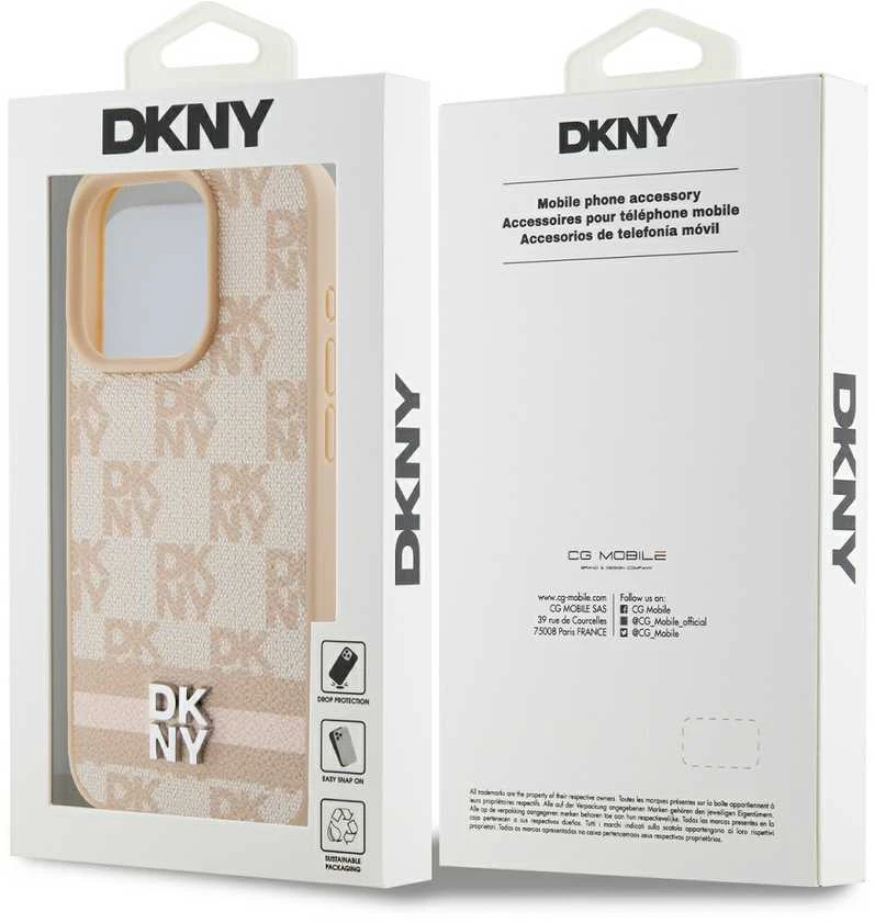 Apple iPhone 15 Pro Max DKNY dėklas odinis Checkered Mono Pattern & Printed Stripes (DKHCP15XPCPTSSP) rožinės spalvos