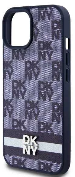 DKNY PU Leather Checkered Pattern and Stripe dėklas telefonui Apple iPhone 15 mėlynos spalvos