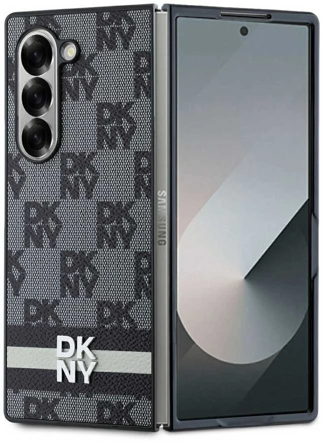 DKNY PU Leather Checkered Pattern and Stripe Samsung Galaxy Z Fold6 dėklas telefonui juodos spalvos