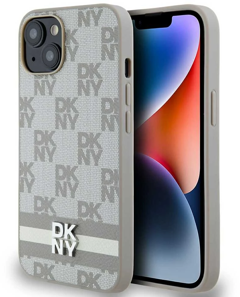 DKNY PU Leather Checkered Pattern and Stripe dėklas telefonui Apple iPhone 15 rusvai gelsvas
