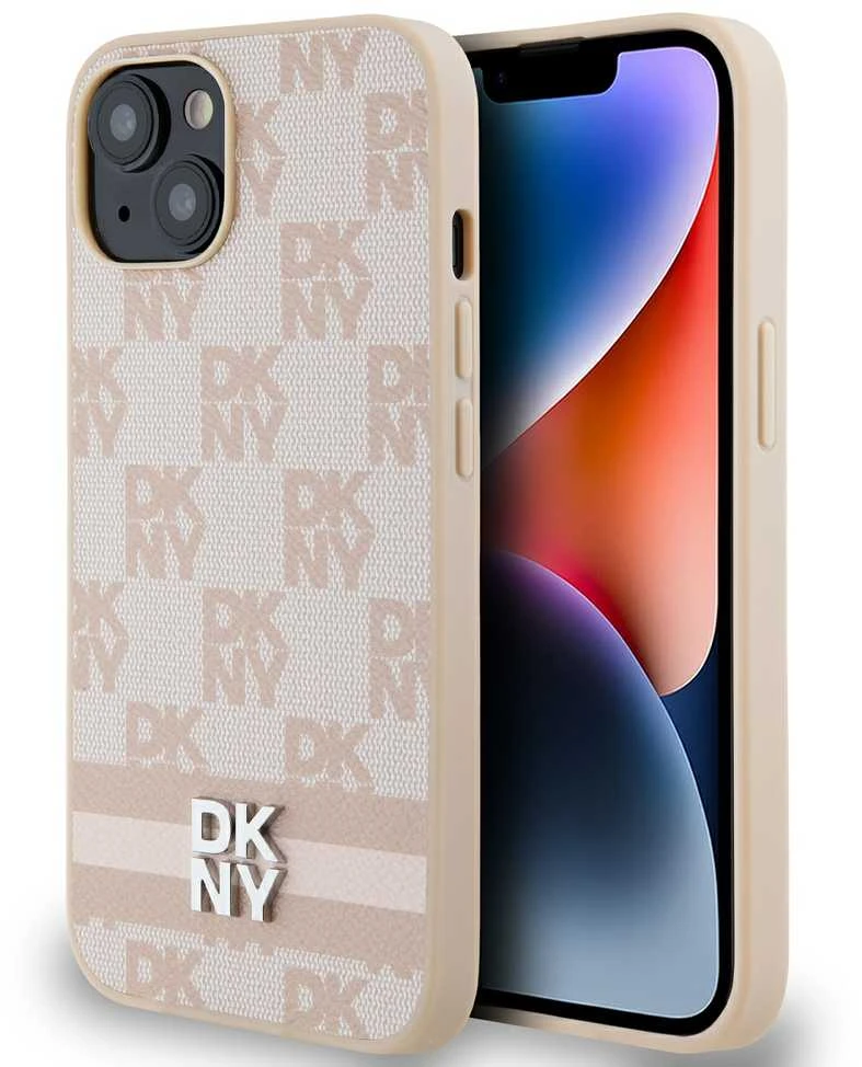Apple iPhone 13 / 14 / 15 DKNY odinis dėklas Checkered Mono Pattern & Printed Stripes (DKHCP15SPCPTSSP) rožinės spalvos