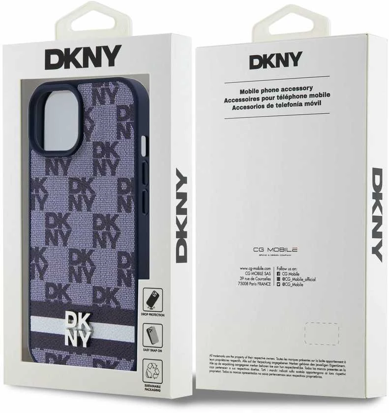 DKNY PU Leather Checkered Pattern and Stripe dėklas telefonui Apple iPhone 15 mėlynos spalvos