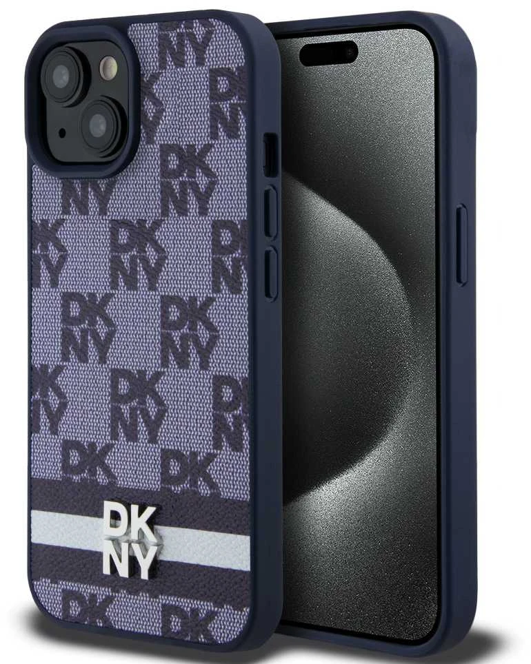 DKNY PU Leather Checkered Pattern and Stripe dėklas telefonui Apple iPhone 15 mėlynos spalvos