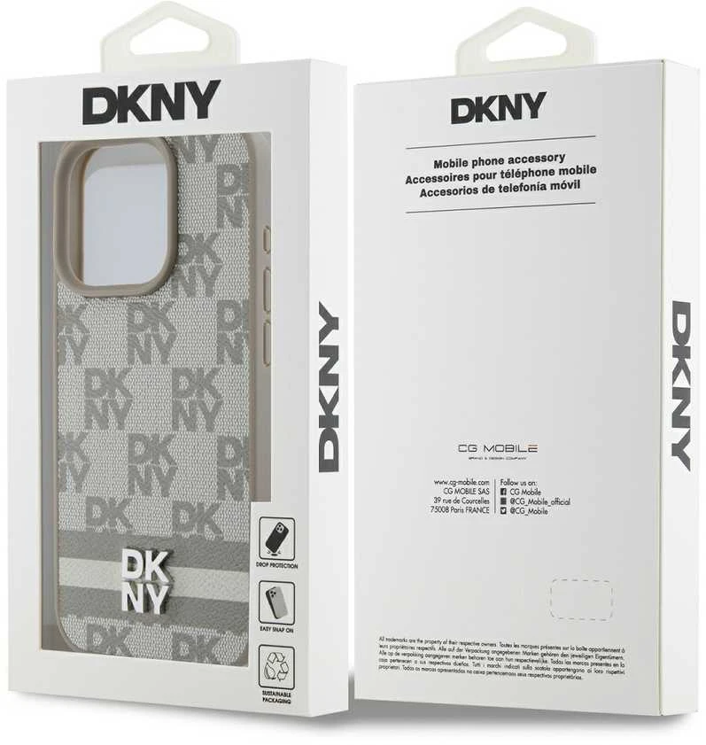 DKNY PU Leather Checkered Pattern and Stripe dėklas telefonui Apple iPhone 13 Pro rusvai gelsvas