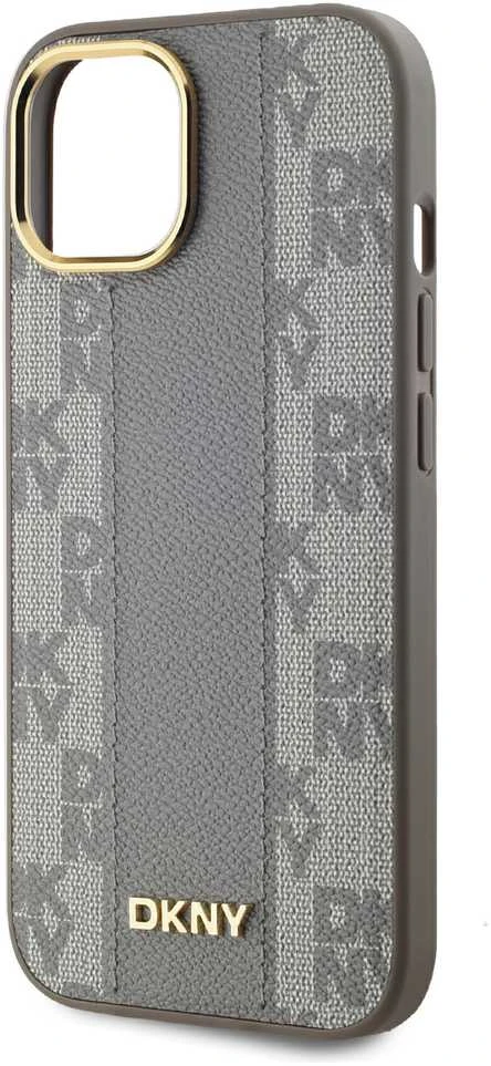 DKNY PU Leather Checkered Pattern Magsafe dėklas telefonui Apple iPhone 15 rusvai gelsvas