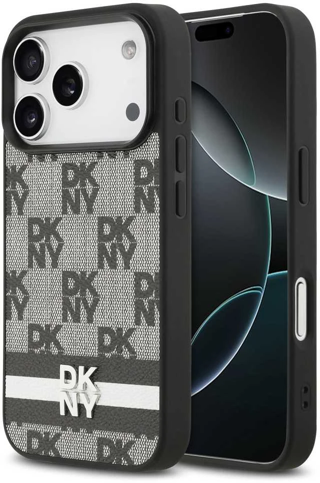 DKNY PU Leather Checkered Pattern and Stripe dėklas skirtas Apple iPhone 17 Pro juodos spalvos