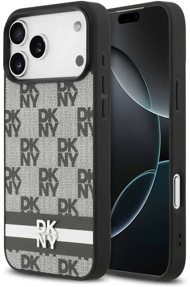 DKNY PU Leather Checkered Pattern and Stripe dėklas skirtas Apple iPhone 17 Pro Max juodos spalvos