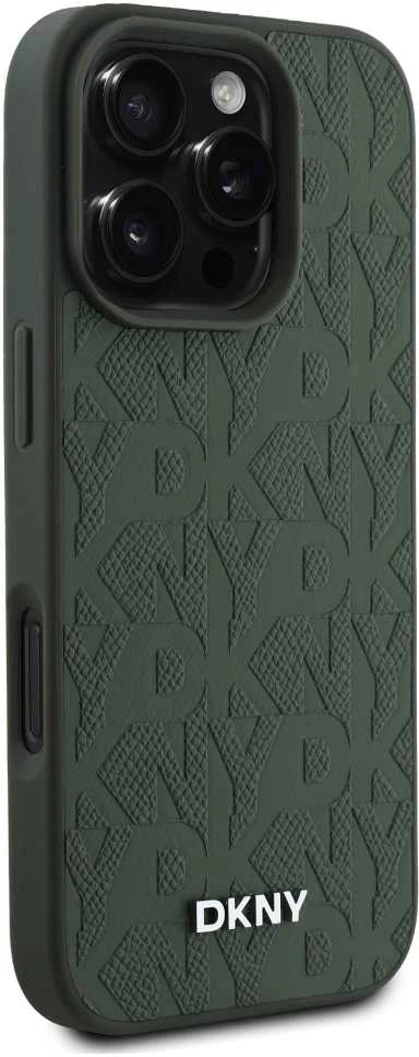 DKNY PU Leather Grid Pattern Magsafe Apple iPhone 16 Pro dėklas telefonui žalios spalvos