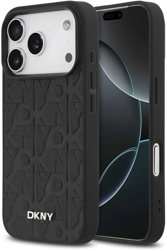DKNY PU Leather Grid Pattern Magsafe dėklas skirtas Apple iPhone 17 Pro juodos spalvos