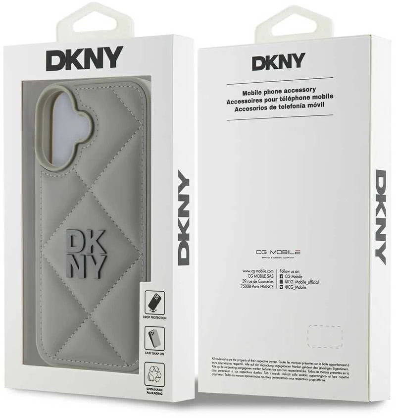 DKNY PU Leather Quilted Stack Logo Apple iPhone 16 Plus dėklas telefonui pilkos spalvos