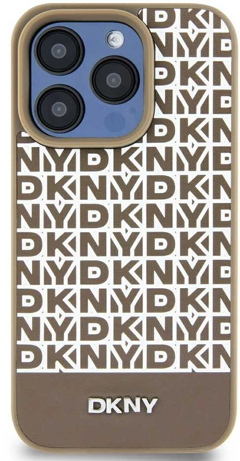 Apple iPhone 15 Pro DKNY odinis dėklas Printed Pattern Metal Logo MagSafe (DKHMP15LPSOSPW) rudos spalvos