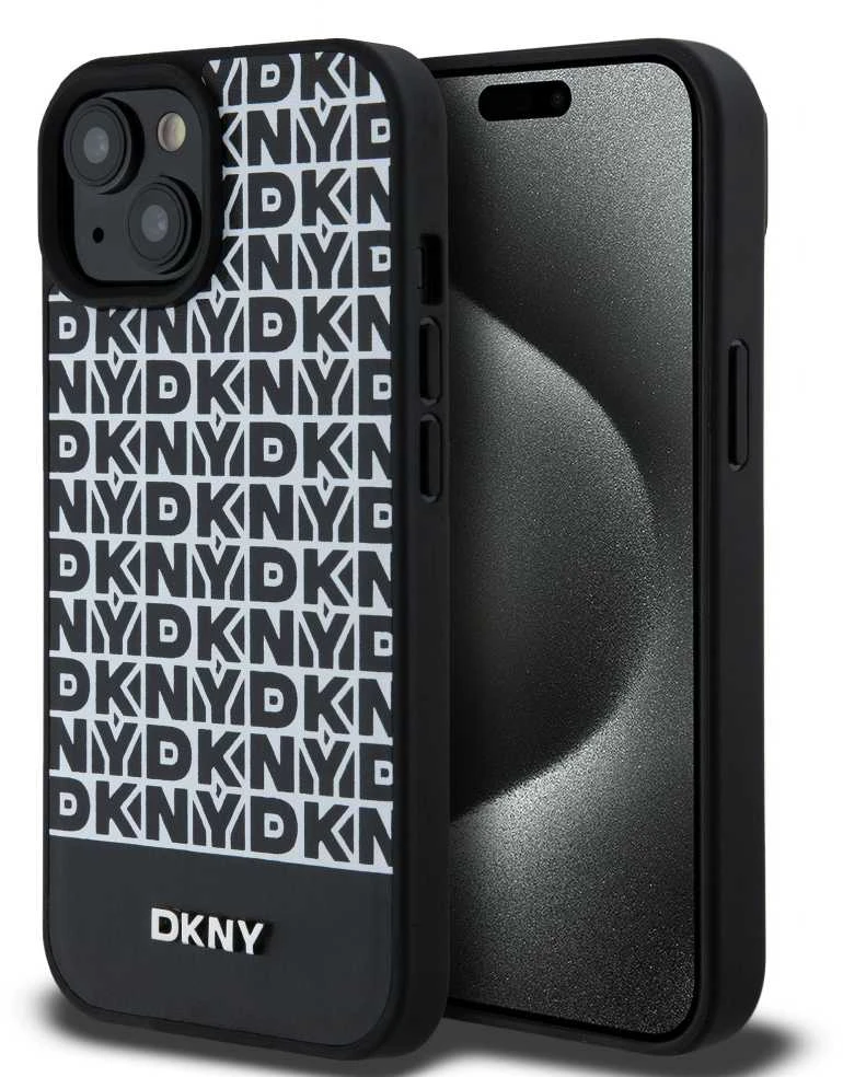 Apple iPhone 13 / 14 / 15 DKNY odinis dėklas Printed Pattern Metal Logo MagSafe (DKHMP15SPSOSPK) juodos spalvos