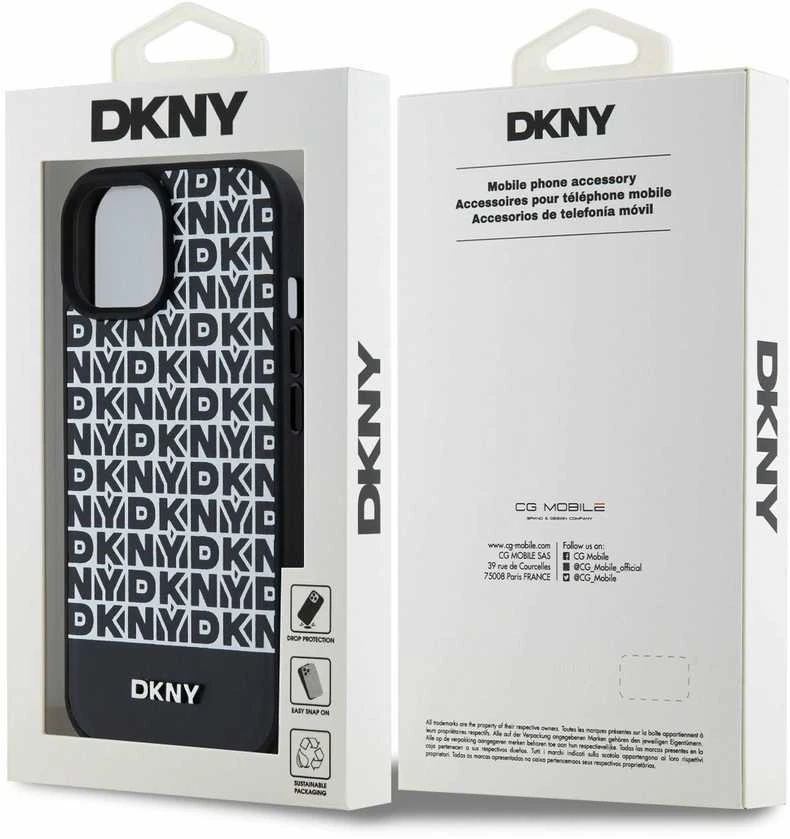 Apple iPhone 13 / 14 / 15 DKNY odinis dėklas Printed Pattern Metal Logo MagSafe (DKHMP15SPSOSPK) juodos spalvos