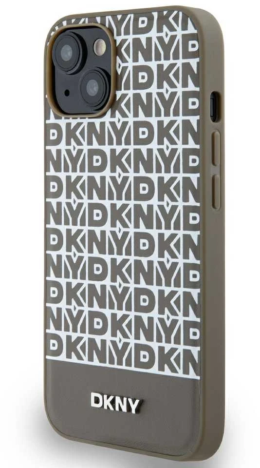 Apple iPhone 13 / 14 / 15 DKNY odinis dėklas Printed Pattern Metal Logo MagSafe (DKHMP15SPSOSPW) rudos spalvos