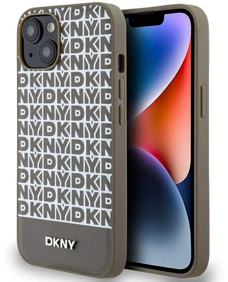 Apple iPhone 13 / 14 / 15 DKNY odinis dėklas Printed Pattern Metal Logo MagSafe (DKHMP15SPSOSPW) rudos spalvos