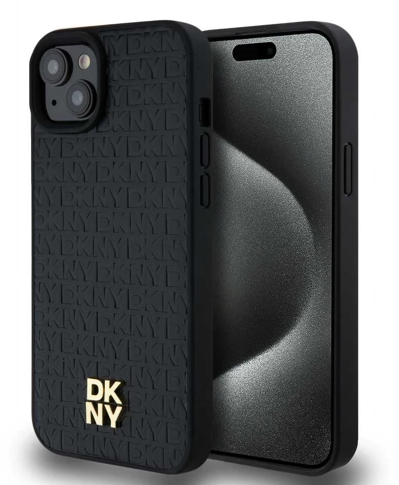 Apple iPhone 15 Plus / 14 Plus DKNY odinis dėklas Monogram Pattern Metal Logo MagSafe (DKHMP15MPSHRPSK) juodos spalvos