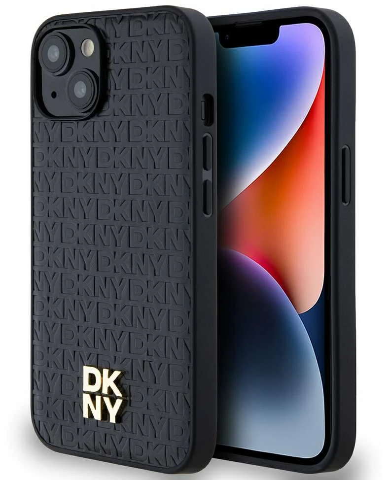 Apple iPhone 13 / 14 / 15 DKNY odinis dėklas Pattern Metal Logo MagSafe (DKHMP15SPSHRPSK) juodos spalvos