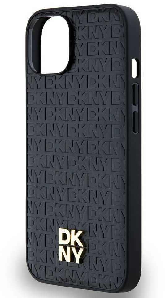 Apple iPhone 13 / 14 / 15 DKNY odinis dėklas Pattern Metal Logo MagSafe (DKHMP15SPSHRPSK) juodos spalvos