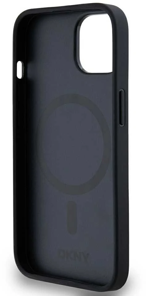 Apple iPhone 13 / 14 / 15 DKNY odinis dėklas Pattern Metal Logo MagSafe (DKHMP15SPSHRPSK) juodos spalvos