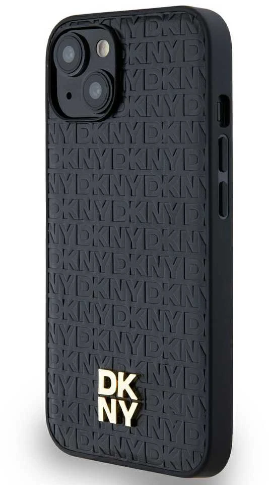 Apple iPhone 13 / 14 / 15 DKNY odinis dėklas Pattern Metal Logo MagSafe (DKHMP15SPSHRPSK) juodos spalvos