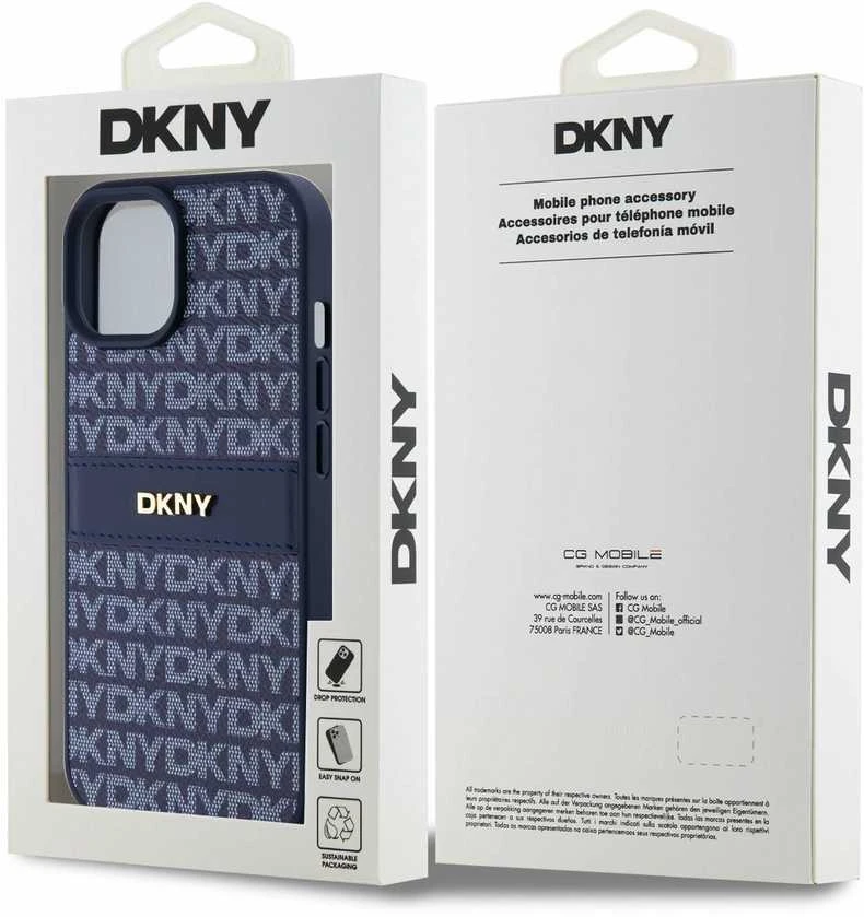 DKNY DKHCP15SPRTHSLB Apple iPhone 15 14 13 6.1 inch mėlynas kietas dėklas Leather Mono Stripe & Metal Logo