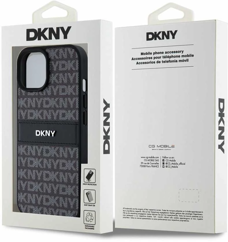 DKNY DKHCP15SPRTHSLK Apple iPhone 15 14 13 6.1″ juodos spalvos kietas dėklas Leather Mono Stripe & Metal Logo