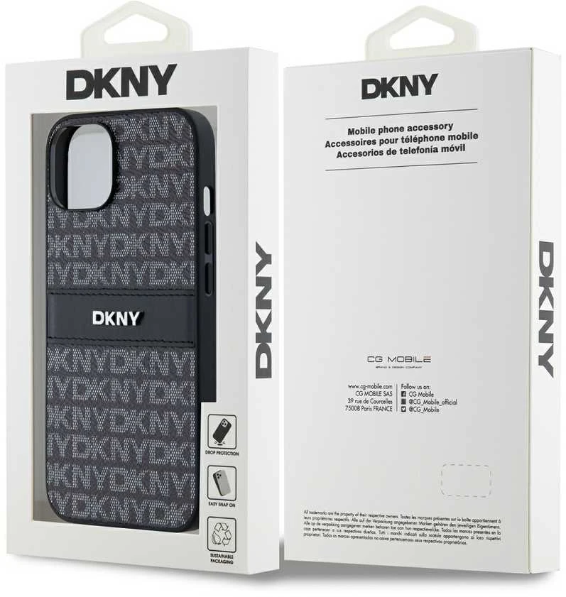 DKNY DKHCP14SPRTHSLK Apple iPhone 14 15 13 6.1″ juodos spalvos kietas dėklas Leather Mono Stripe & Metal Logo