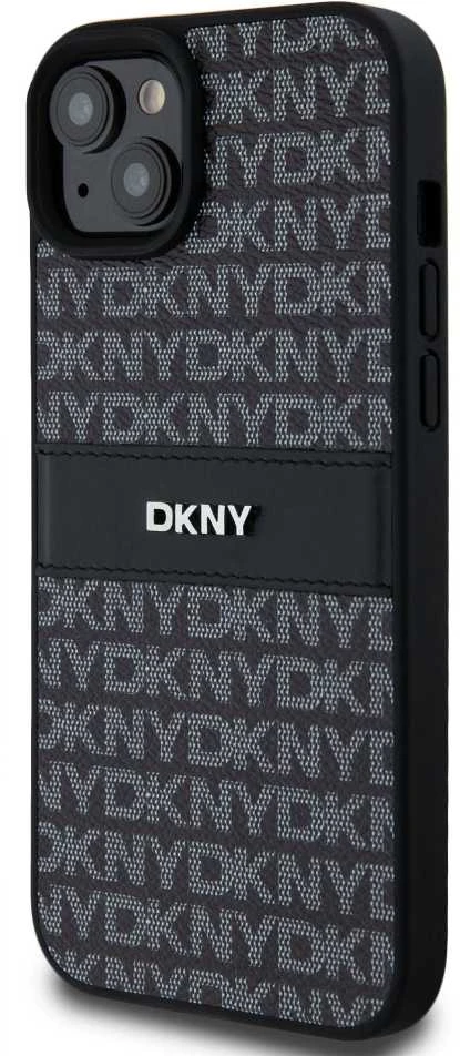 DKNY DKHCP15MPRTHSLK Apple iPhone 15 Plus 14 Plus 6.7″ juodos spalvos kietas dėklas Leather Mono Stripe & Metal Logo