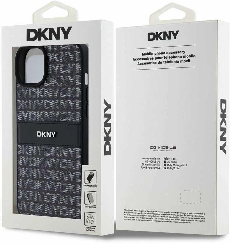 DKNY DKHCP15MPRTHSLK Apple iPhone 15 Plus 14 Plus 6.7″ juodos spalvos kietas dėklas Leather Mono Stripe & Metal Logo