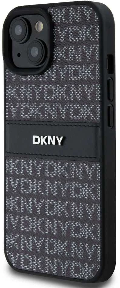 DKNY DKHCP15SPRTHSLK Apple iPhone 15 14 13 6.1″ juodos spalvos kietas dėklas Leather Mono Stripe & Metal Logo