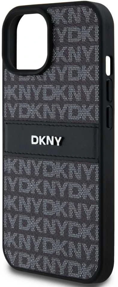 DKNY DKHCP15SPRTHSLK Apple iPhone 15 14 13 6.1″ juodos spalvos kietas dėklas Leather Mono Stripe & Metal Logo