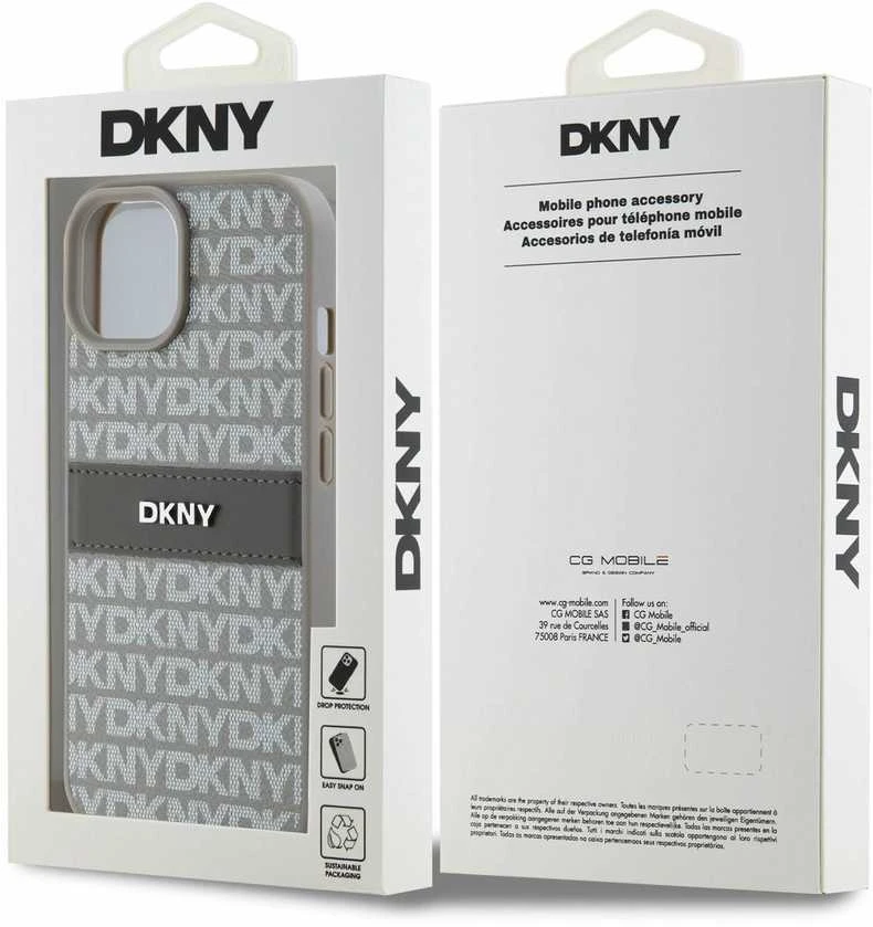 Apple iPhone 13 / 14 / 15 DKNY odinis dėklas Mono Stripe & Metal Logo (DKHCP15SPRTHSLE) beige