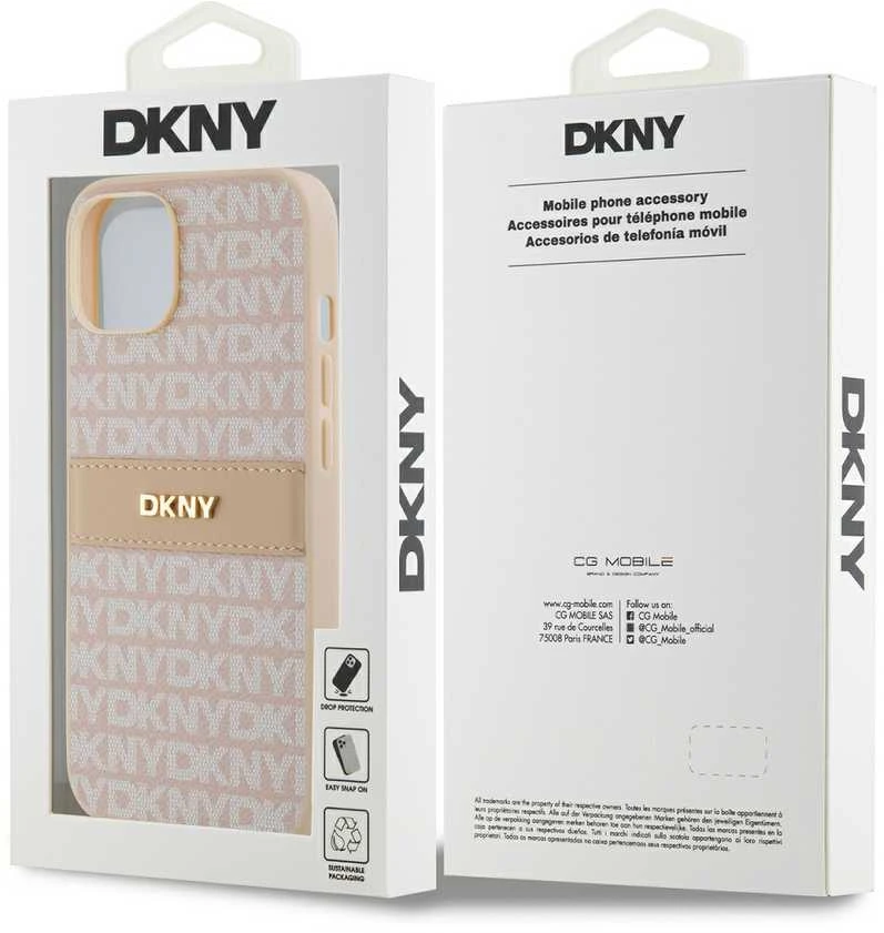 Apple iPhone 13 / 14 / 15 DKNY odinis dėklas Mono Stripe & Metal Logo (DKHCP14SPRTHSLP) rožinės spalvos