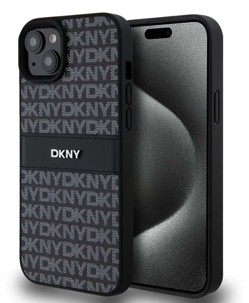 DKNY DKHCP15MPRTHSLK Apple iPhone 15 Plus 14 Plus 6.7″ juodos spalvos kietas dėklas Leather Mono Stripe & Metal Logo
